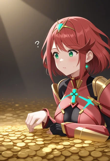 Pyra from Xenoblade Chronicles 2 sits in a massive pile of shimmering gold coins alone, holding up a strange golden medallion with a large emerald in the middle. She has a perplexed expression looking down at it. Her emerald-green eyes narrow slightly, and her lips press together as she tilts her head in confusion. Small question marks float above her head, emphasizing her puzzled thoughts. Her crimson hair falls gently around her, catching the golden glow of the treasure hoard. Her red and gold armor, adorned with flame-like engravings and glowing ether patterns, gleams under the warm light. Around her, other unusual artifacts and trinkets peek out from the sea of coins, each more mysterious than the last. Some are oddly shaped, others covered in strange markings. The cavern around her shimmers with treasure, but her focus remains locked on the odd object in her hands.
Anime-style, ultra-detailed, high-resolution textures, cinematic lighting, expressive emotions, Xenoblade Chronicles 2 accurate design