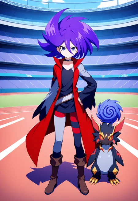 <lora:GaitoKurouzu_V1-1:1>,abygale,1boy,boots,male focus,standing,choker,looking at viewer,coat,open clothes,shirt,closed mouth,pants,brown footwear,full body,shadow,black shirt,(red coat:0.6),asymmetrical sleeves,asymmetrical legwear,stadium,mismatched_legwear,(yellow eyes:1.1),(red sclera:1.1),masterpiece,high score,great score,absurdres,