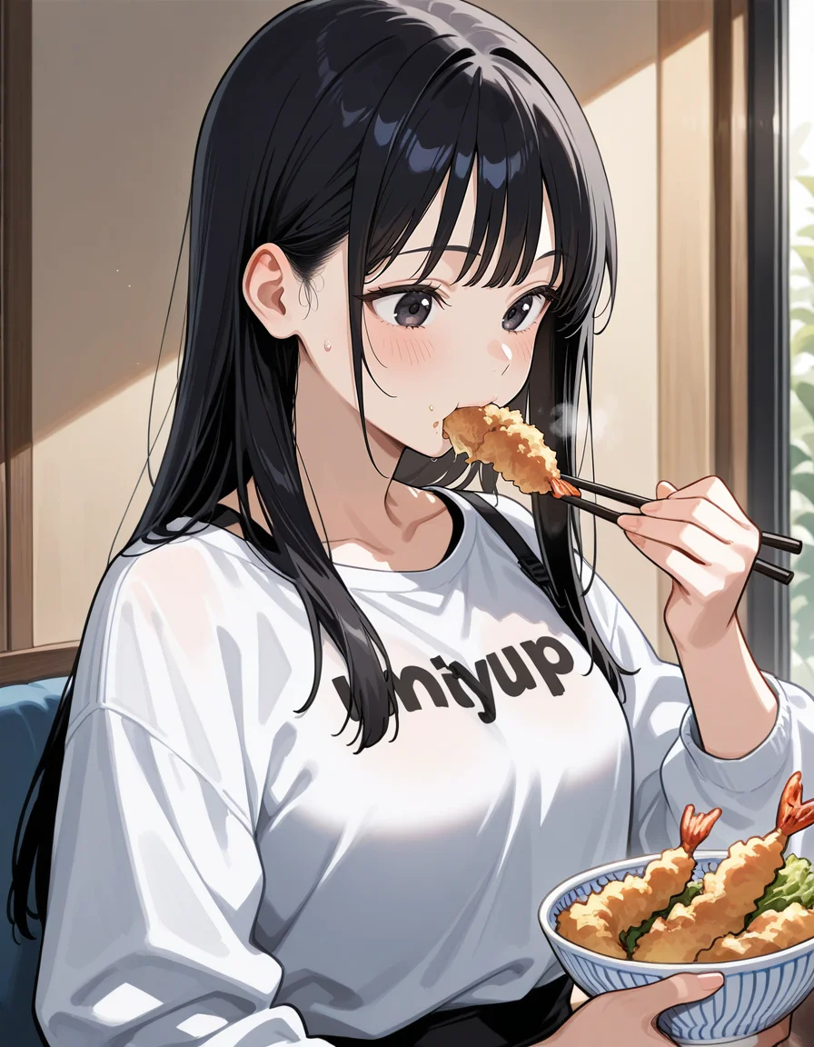 score_9, score_8_up, score_7_up, anime, solo, 1girl, one girl,
Black hair, (chest length hair:1.2), Straight Hair, bangs, one tucked behind ear, black eyes, feature large highlight, feature double highlights, shaped eyeblow,
sensitive,
<lora:donburimono:0.8>, donburimono, food,
chopsticks, tendon, eating tendon, tempura,
(masterpiece:1.3), best quality, high resolution, unity 8k wallpaper, (illustration:1.2), 8K,