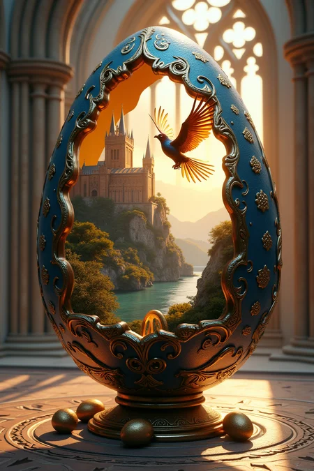 The image showcases a highly detailed, ornate egg that serves as a portal or a window into a fantastical scene. The egg itself is intricately designed with elaborate gold and blue filigree, giving it a luxurious and mystical appearance. The surface of the egg is decorated with patterns resembling ancient runes or magical symbols, further enhancing its enchanted vibe.

The egg is partially opened or cracked, revealing a vivid, magical world inside. This inner world features a grand, medieval-style castle with towering spires, situated on a rugged cliff overlooking a serene river or lake. The castle and its surroundings are bathed in a golden light, suggesting either a sunrise or sunset, casting warm tones across the landscape.

A large, majestic bird, possibly a phoenix or an eagle, is depicted emerging from the egg, its wings outstretched as if in flight. The bird is intricately detailed, with feathers that shimmer with hints of gold and blue, blending seamlessly with the egg’s ornate design.

The background of the image features a grand hall or cathedral-like interior with towering, arching windows that allow soft, ambient light to pour in, creating a mystical atmosphere. Scattered around the base of the egg are small, golden orbs or eggs, possibly magical artifacts or treasures, lying on a surface adorned with more intricate designs and patterns.

The overall composition of the image blends elements of fantasy, magic, and luxury, creating a striking and otherworldly visual. The egg acts as a gateway to a magical realm, inviting viewers to explore the fantastical world within.