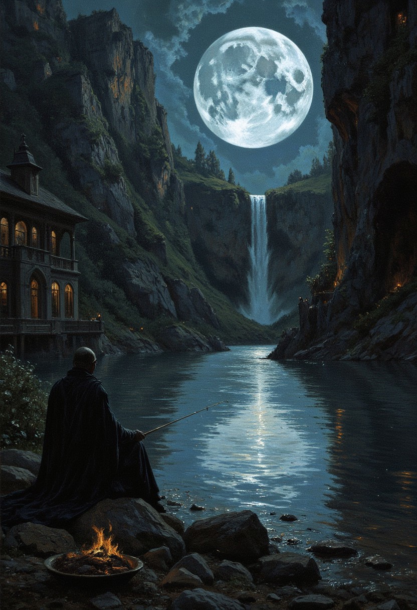 A serene yet eerie depiction of a twilight gathering at a lake in Mid-World, where the reflection of the moon shimmers over water that whispers with voices of another time. A lone fisherman's silhouette is just visible in the distance, casting his line into the silvered depths.