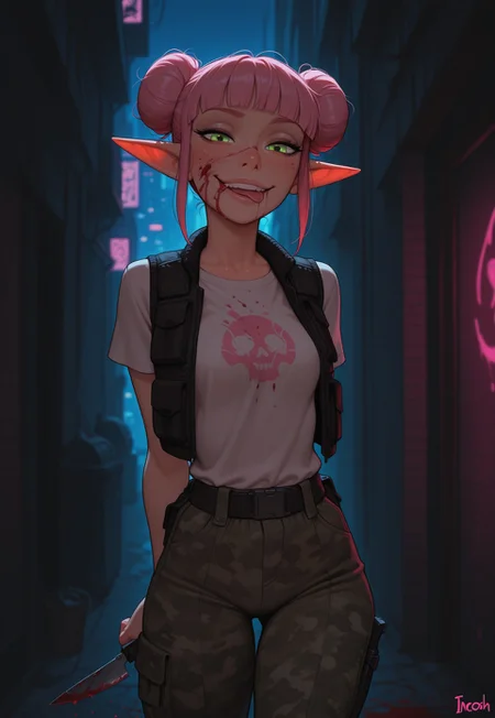 masterpiece, best quality, amazing quality, very aesthetic, DISNEY_ANIMATION, incoth, (incase:0.6), female, solo, (depth of field), outdoors, city, alley, cyberpunk, night time, cowboy shot,

elf, pink hair, green eyes, cute face, slender, small breasts, double bun hair, blunt bangs,  beautiful, kawaii, (small ears), blood on face,

black puff vest, t-shirt with logo, urban camo pants, blood splattered combat knife,

standing, dynamic pose, looking at viewer, licking knife, evil smile,