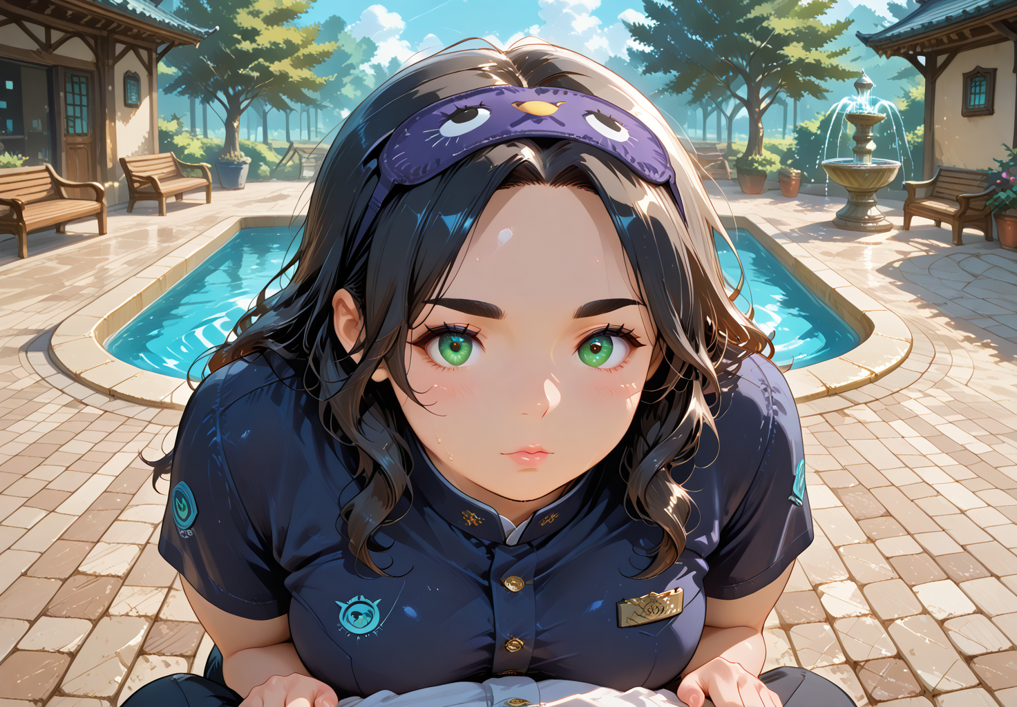 IllusP0s, PonyScores7, source_anime, ah1, IllustriousQual, interesting, exciting, spectacular, wonderful, amazing quality, absolutely eye-catching, 
BREAK <lora:xl_more_art-full_v1:0.2>, <lora:aesthetic_anime_v1s:0.2>, <lora:EpicF4nta5yXL:0.2>, <lora:detailxl:0.2>, detailxl, <lora:Fant5yP0ny:0.2>, amazing quality, best aesthetic, absurdres, illustration, Volumetric_Lighting, ultra-detailed, very aesthetic, intricate details, best_quality,  lazympos, <lora:Add_Details_v1.2:0.4>, <lora:quality_modifiers_masterpieces_v1:0.2>, <lora:ZootPonyAnime_V1_r2:0.2>, <lora:Bestifacator2:0.2>, anime style,
BREAK (((resting heads on each other's shoulders))), <lora:DynamicPoseIL2att_alpha1.0_rank4_noxattn_900steps:0.8>, dynamic pose, foreshortening, extreme perspective,
BREAK Stable_Yogis_PDXL_Positives, AS-Adult, <lora:Complicated fantasy portrait - XL Pony V2.0:0.2>, bad-hands-5, <lora:HDA_Detailer:0.3>, <lora:natsumi_style:0.2>, <lora:by_usakun-pony:0.2>, by usakun, <lora:Akina_Bbw_Style_-_PonyXL:0.2>, AkinBw, (((manga))),
BREAK 1girl, mature female, (curvy), round-chin, caucasian, <lora:ETO_OC_Illustrius:0.5>, eto_oc, skindentation, (plump), thick thighs, wide hips, busty, voluptuous, <lora:plussizegirls_IL:0.3>, <lora:plussizegirls_pony:0.3>, <lora:Venus body IXLS3_alpha16.0_rank32_full_last:0.3>, <lora:shinyskin2:0.2>, glistening skin, HDA_FatGirlXL, round ass, large breasts, <lora:perfection style:0.2>, perfection style, perfection,
BREAK ((<lora:flight attendant_pony_V1.0:0.8>, flight attendant)),
BREAK (curly hair), long hair, (black hair:1.4), (parted hair:1.7), messy hair, kinky curls, <lora:hairdetailpxl:0.2>, hairdetailpxl,
BREAK (half green and brown eyes), (colorful eyes), (multicolored eyes), (downturned eyes:1.4), expressive eyes, <lora:perfect-eyes:0.4>, perfecteyes, EyesHD, (round face:1.2), (thick eyebrows:1.3), (plump face), <lora:Round_face:0.2>, lips, <lora:DetailedEyes_xl_bdsqlsz_V1:0.2>, <lora:Eyes_Lora_Pony_Perfect_eyes:0.2>, <lora:focusoneyes:0.2>, <lora:cinematic eye color style illustrious v1:0.2>, <lora:fdsf:0.2> HDEYES, <lora:eyes_enhancer_V3:0.2>,
BREAK (((Face with a sleep mask expression))), <lora:Expressive_H:0.2>, Expressiveh, <lora:Emotional_Anime_Expressions_PonyXL_Concept:0.2>, emotional, <lora:Best_Facial_Expression_LoRA_PONY:0.2>, looking at viewer, <lora:Detailed expressive EXEV style -XL Pony V1.0:0.2>, FaceDetail, <lora:Best_Facial_Expression_Helper_XTREME_ILLU:0.4>, kaogei,
BREAK (((Courtyard Fountain, Tranquil oasis with a central fountain surrounded by fragrant gardens, marble benches for contemplation, the sound of birdsong and flowing water filling the air))), <lora:Background Detailer - SDXL:0.2>, 4k, 8k, Ultra HD, Masterpiece, Best quality, Detailed background, <lora:Add_more_details_V2_XLpony:0.2>, full_details, <lora:background-type1:0.2>, <lora:AddMicroDetails_Illustrious_v2:0.2>, addmicrodetails, SmoothNoob_Quality, <lora:ani40o_stabilizer_v0.6:0.6>,