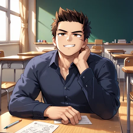 score_9, score_8_up, score_7_up, source_anime, masterpiece, best quality <lora:raeyr:1>raeyr, 1boy, youngraeyr, short sideburns hair, muscular, , close-up, Kneeling with head thrown back, bored eyes, lewd smirk , happy, smug expression , lowered eyelids, v-shaped eyebrows, akanbe,, in a classroom, tables, chairs,,