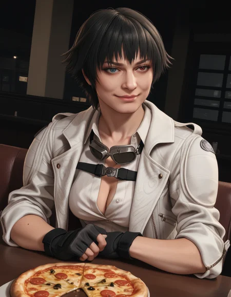 detailed realistic photo, score_9, score_8_up, score_7_up, score_6_up, score_5_up, score_4_up, <lora:LadyDMC5Screens_t3-000013-128:1.0> 1girl, DMCLady, short hair, black hair, heterochromia, dynamic angle, white jacket, goggles around neck, shirt, cleavage, large breasts, fingerless gloves, mature
, sitting, pizza on table, smirk
, restaurant