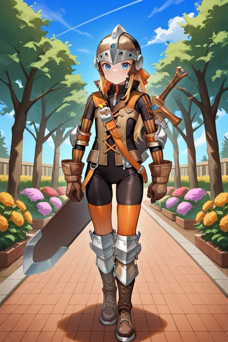 <lora:Inzaghi2IL:0.9> , ((inzdef)), 1boy, solo, blonde hair, blue eyes, sword on back, armor, striped sleeves, gloves, helmet, boots, elbow pads, orange straps, shoulder belt, popped collar, layered shirt, cross-laced top, black bodysuit, bodysuit under clothes, striped sleeves, long sleeves, orange thighhighs, gloves, brown gloves, boots, armored boots, brown boots, full body, white background, long hair, standing, looking at viewer, exterior, garden, blue sky, masterpiece, very aesthetic, absurdres, best quality, amazing quality, high resolution, <lora:illustrious_quality_modifiers_masterpieces_v1:0.8> , <lora:ChamIllustriousBackgroundEnhancer:0.5>,
