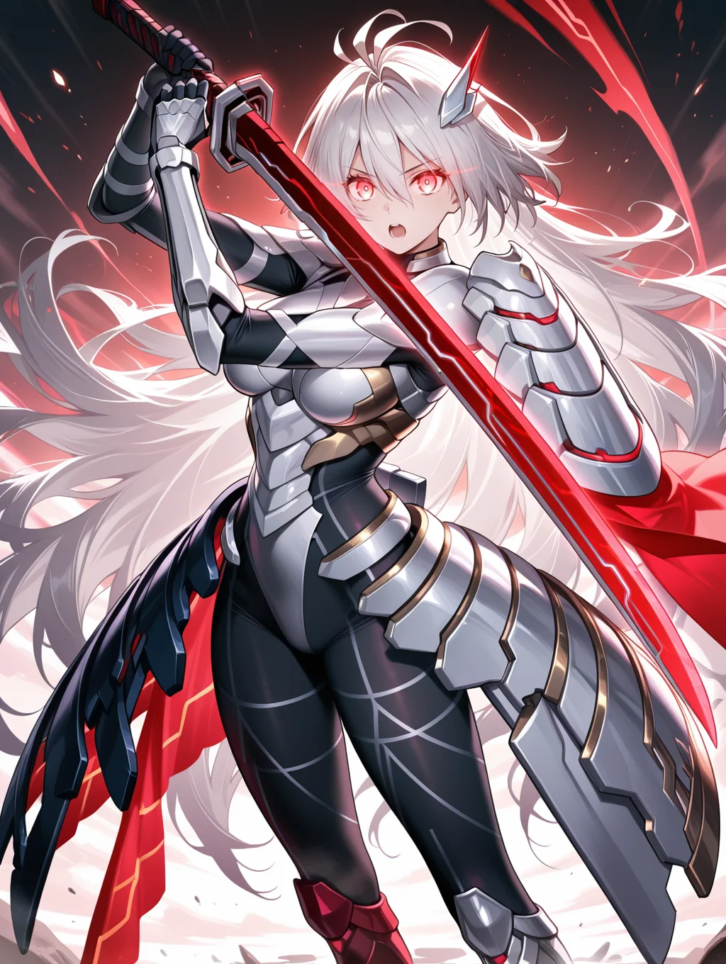 sky striker ace = zero,white armor,1girl,solo,glowing,looking at viewer,standing,glowing eyes,reverse grip,black bodystocking,holding red sword,red sword,floating shoulder armor,asymmetrical armored boots,asymmetrical armored dress,white hair ornament,white gauntlets,side red energy cape,pointing melee weapon, open mouth,
masterpiece,best quality,amazing quality,very aesthetic,absurdres,newest,<lora:Sky striker ace - Raye illusXL v1:0.7>,