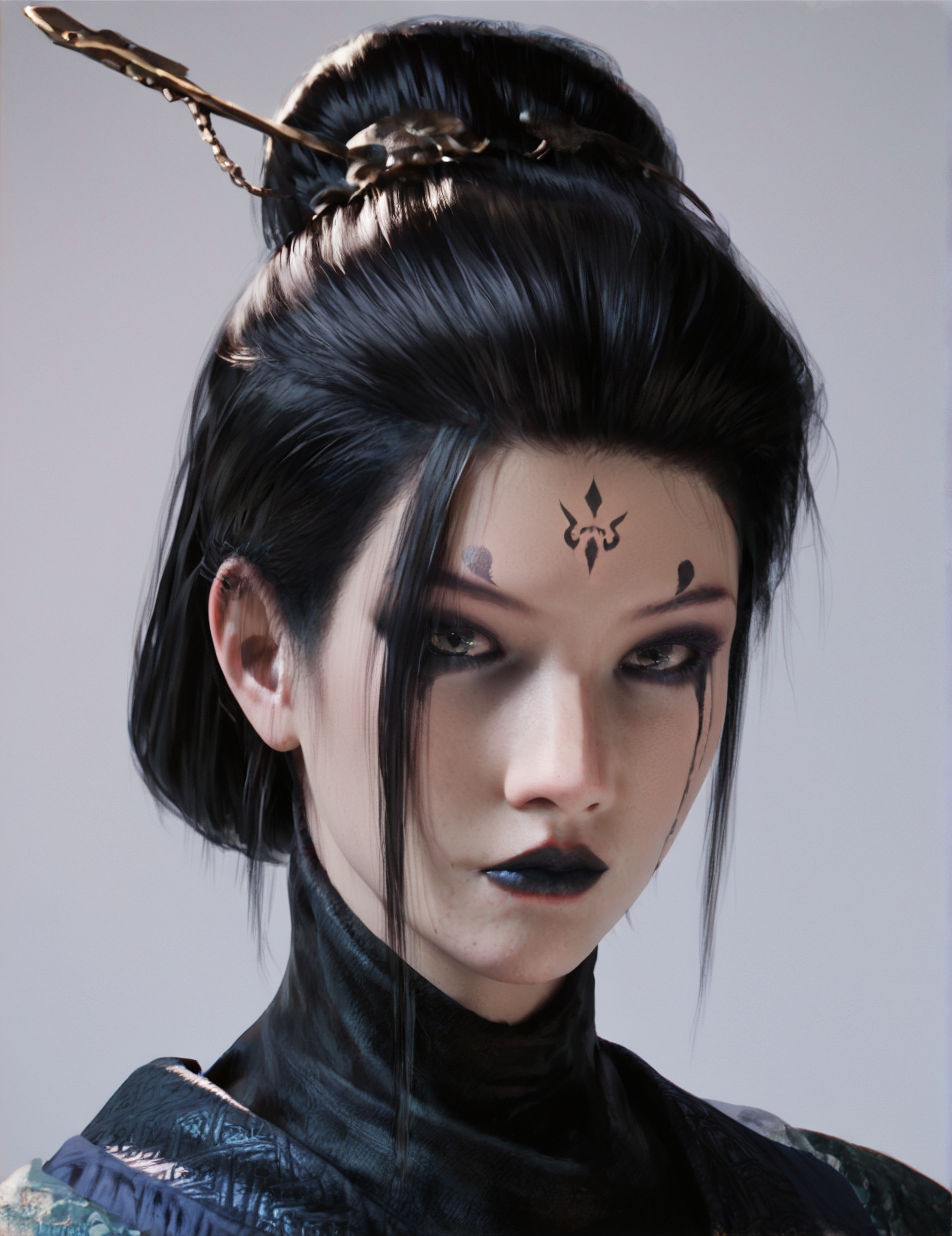 Si Mei, Black Myth, Black Myth Wukong, black hair, facial mark, single hair bun, hair bun, forehead mark, hair ornament, makeup, black lips, score_9, score_8_up, score_7_up, score_6_up, <lora:blenderMix-simei-000018:0.5>,realistic,DETAILED EYES,<lora:add-detail-xl:-2> , portrait,looking at viewer,closeup, <lora:simei-face:1>
