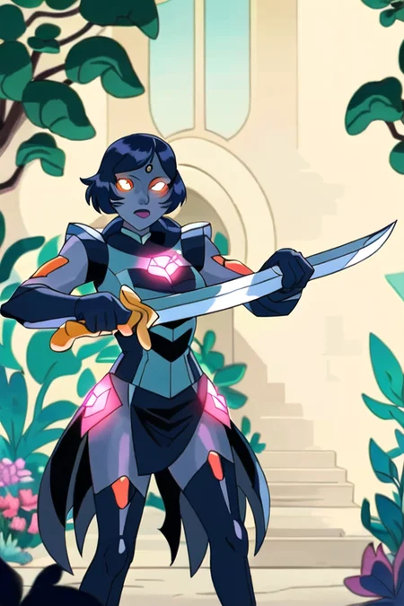 a woman holding a sword, orange eyes, big eyes, standing near a garden