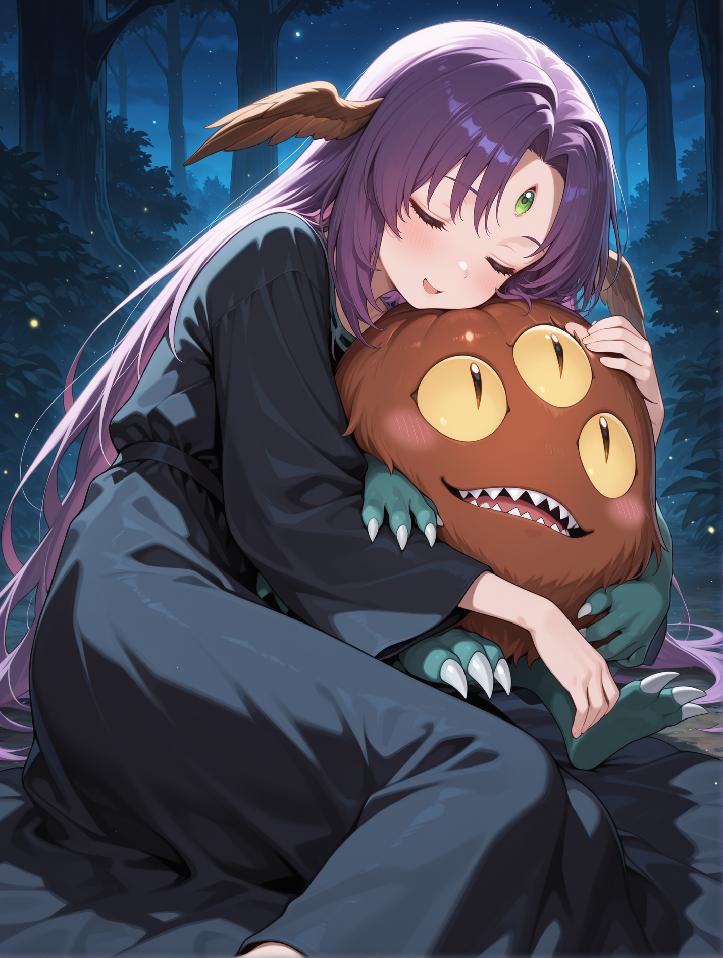 witch of the black forest,1girl,closed eyes,sleeping,blush,black long dress,brown head wings,sitting,closed mouth,monster hug,1other,sangan,open mouth,monster,claws,sharp teeth,night sky,black forest,slit pupils,head on another's,on side,open mouth,
masterpiece,best quality,amazing quality,very aesthetic,absurdres,newest,<lora:Witch of the Black Forest illusXL v1.4:0.7>,