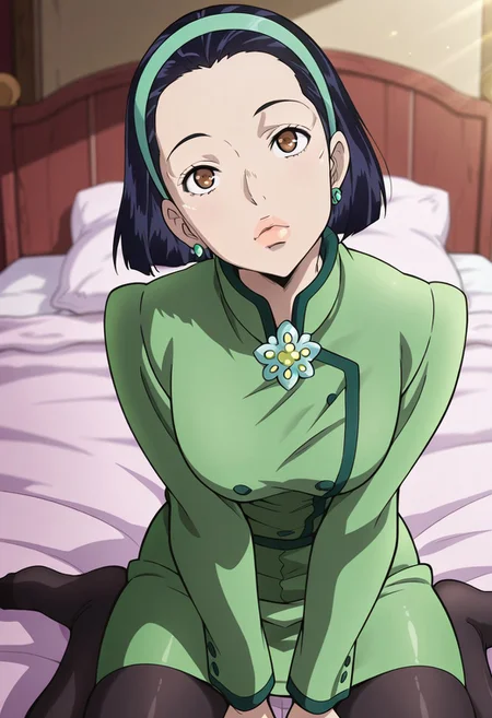 (masterpiece, amazing quality, best quality, anime coloring),very aesthetic, illustration, perfect composition, intricate details, absurdres, incredibly absurdres, sexy,(((1girl,solo,TomokoHigashikata, Short Hair, Black Hair, Brown Eyes, Earrings, Lips, Green Hairband, Green Suit, Long Sleeves, Green Pencil Skirt, Black Leggings, Flower Brooch,Original Style,perfect face,detailed eyes,sitting,wariza,on bed,looking up,looking at viewer,head tilt))),high angle,indoors,bedroom