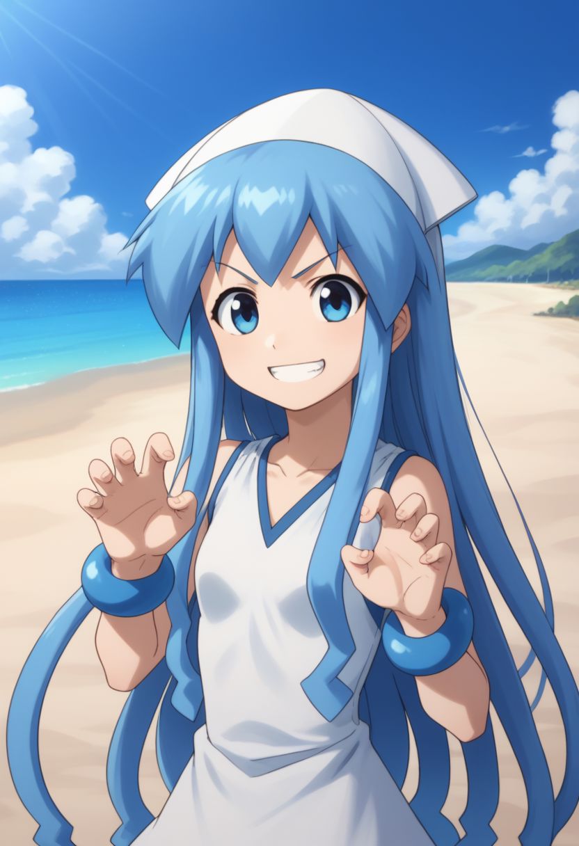score_9, score_8_up, score_7_up, source_anime, highly detailed, 
ika, 1girl, solo, blue eyes, blue hair, hat, tentacle hair, long hair, dress, bracelet, jewelry, upper body, claw pose, grin, hands up, 
hairs up, tentacle hair up raised, hair standing,
outdoor, beach,