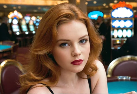 ((CinematicPortrait analog photo)) ginger woman indoors, lipstick, blue eyes, glossy lipstick, (casino), ((soft focus, depth of field, film grain, looking at viewer)) <lora:CinematicPortraitXL_v3:0.65>
