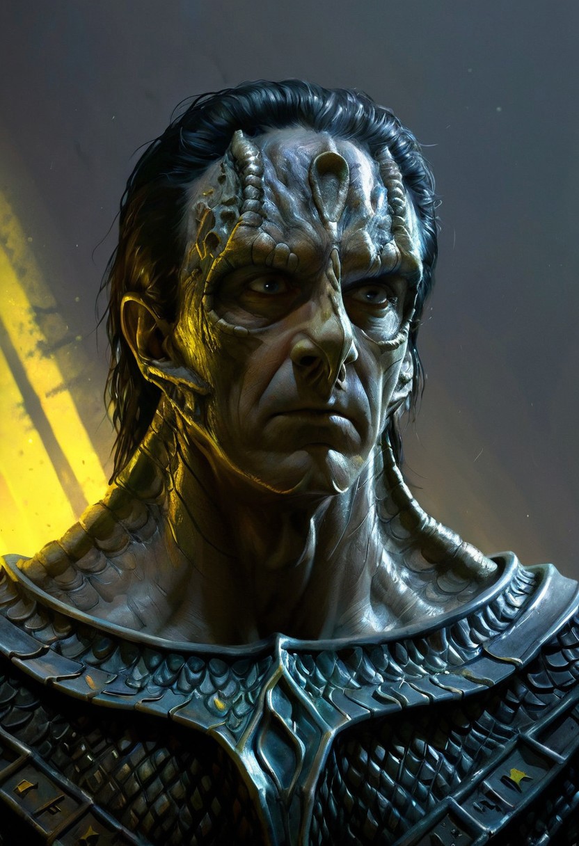 (a male c4rd45514n alien, forehead crest, grey skin, ridges, scales), militaristic, dynamic, moody, shadows, highly detailed, heavy armor, digital painting, artstation, concept art, smooth, sharp focus, illustration, art by Carne Griffiths and Wadim Kashin, good shadows, dim lit, devoid of color, low light, back light, hidden, obscured, black  hair, prismatic, monolith, obsidian, bright yellow god rays, sun circle