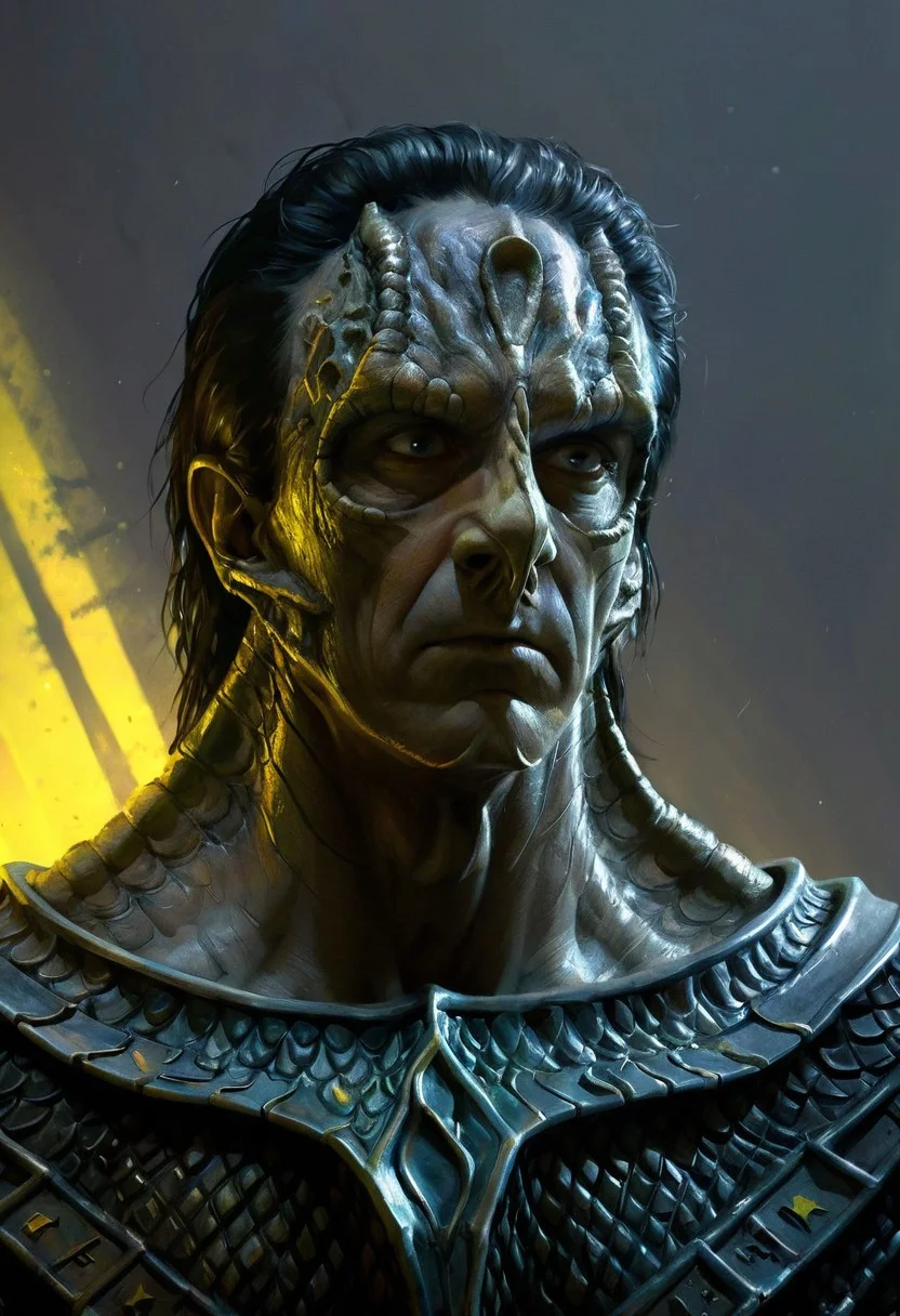 (a male c4rd45514n alien, forehead crest, grey skin, ridges, scales), militaristic, dynamic, moody, shadows, highly detailed, heavy armor, digital painting, artstation, concept art, smooth, sharp focus, illustration, art by Carne Griffiths and Wadim Kashin, good shadows, dim lit, devoid of color, low light, back light, hidden, obscured, black hair, prismatic, monolith, obsidian, bright yellow god rays, sun circle