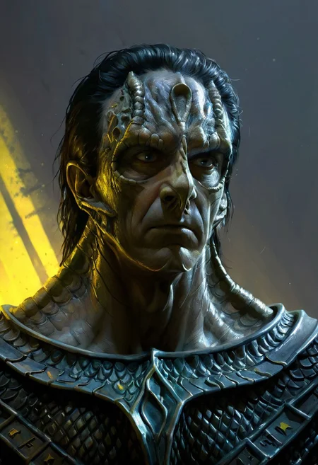 (a male c4rd45514n alien, forehead crest, grey skin, ridges, scales), militaristic, dynamic, moody, shadows, highly detailed, heavy armor, digital painting, artstation, concept art, smooth, sharp focus, illustration, art by Carne Griffiths and Wadim Kashin, good shadows, dim lit, devoid of color, low light, back light, hidden, obscured, black hair, prismatic, monolith, obsidian, bright yellow god rays, sun circle