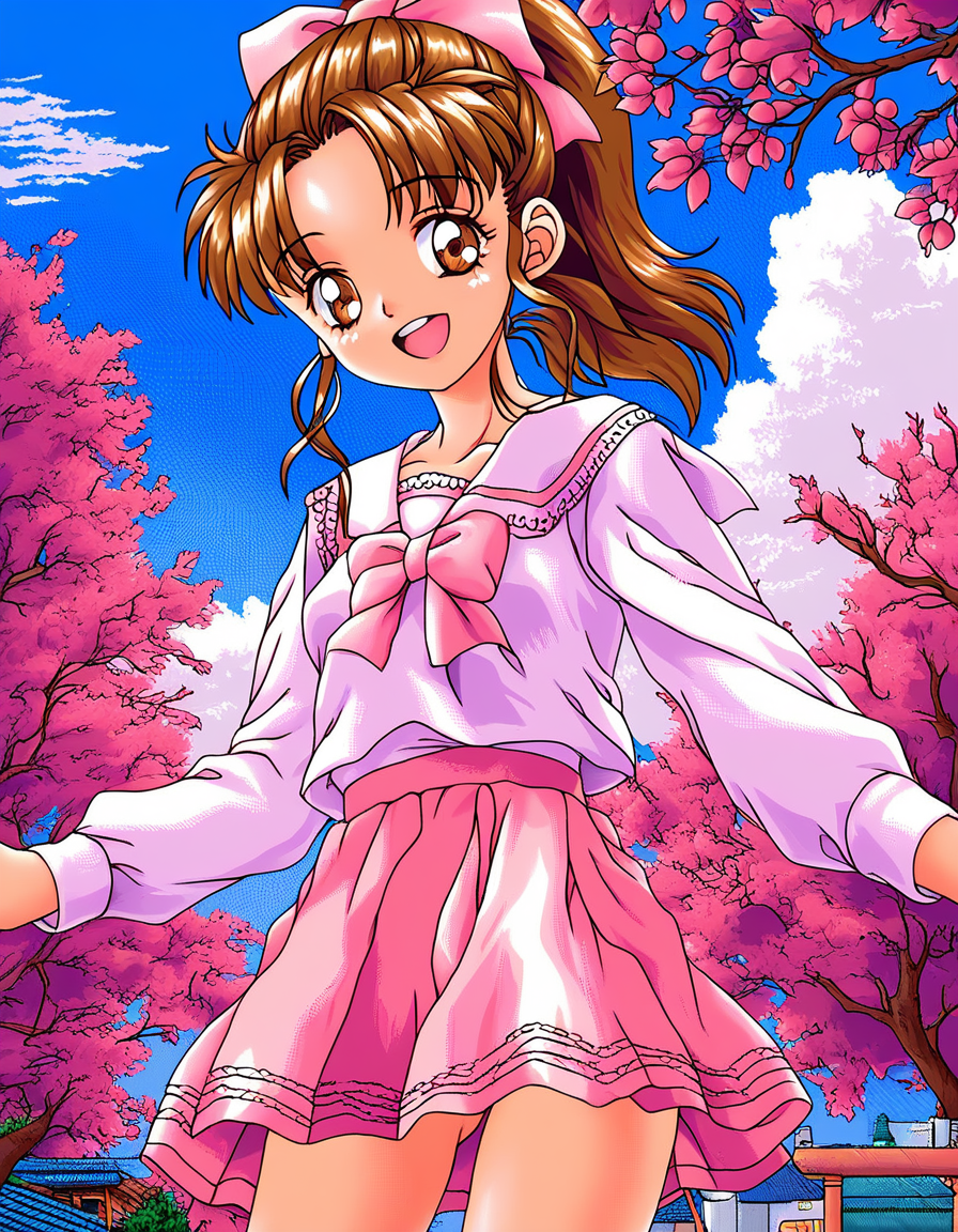 score_9, score_8_up, score_7_up, source_anime, rating_explicit, BREAK   <lora:Nut_Berry_girl_XL:0.9> Nut_Berry_girl, brown hair, brown eyes, ponytail, small breasts, long hair, pink bow, smile, open mouth,
1girl, purple long sleeve, solo,   
pink skirt, day,  sky, cloud,  ribbon, outdoors,  bow, tree,
smile,
looking at viewer, 
cowboy_Shot,