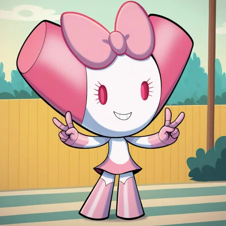 score_9, score_8_up, score_7_up, score_6_up, score_5_up, score_4_up, RobotGirlBase, solo, solo focus, female focus, 1girl, robot, robot girl, standing, full body, outdoors, park, v, double v, pink eyes, pink skirt, pink bow, smile, looking at viewer,