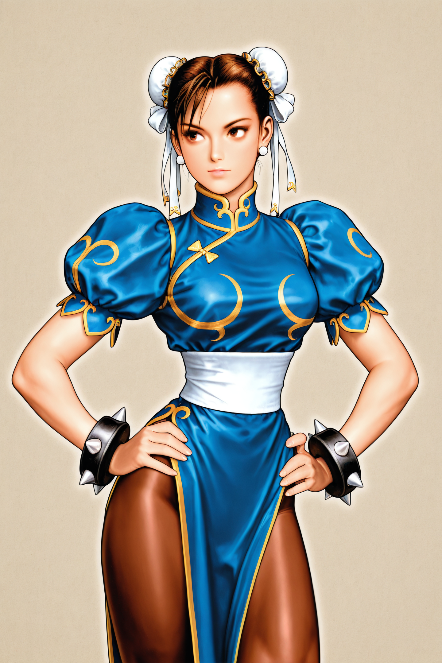 1girl,solo,chun-li,chinese clothes,pantyhose,china dress,dress,bun cover,pelvic curtain,double bun,hair bun,sash,spiked bracelet,jewelry,spikes,brown hair,bracelet,boots,brown eyes,hands on hips,earrings,short hair,upper body,retro artstyle,
<lora:shinkiro_illustriousXL:1>,