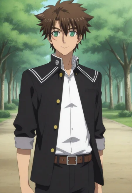 ((HD, High Quality, masterpiece, very aesthetic, absurdres)), ((perfect anatomy, perfect eyes, perfect face)), ((handsome, attractive, cute, sexy, charming)), ((Anime, anime screencap, anime coloring)), ((1male, 1boy, solo male only, one male character only)), ((Basara Toujou, brown hair, green eyes, gakuran uniform, unbuttoned gakuran, white collared undershirt, rolled sleeves, belt, pants)), ((school, outside, trees)), smile, one hand behind head pose