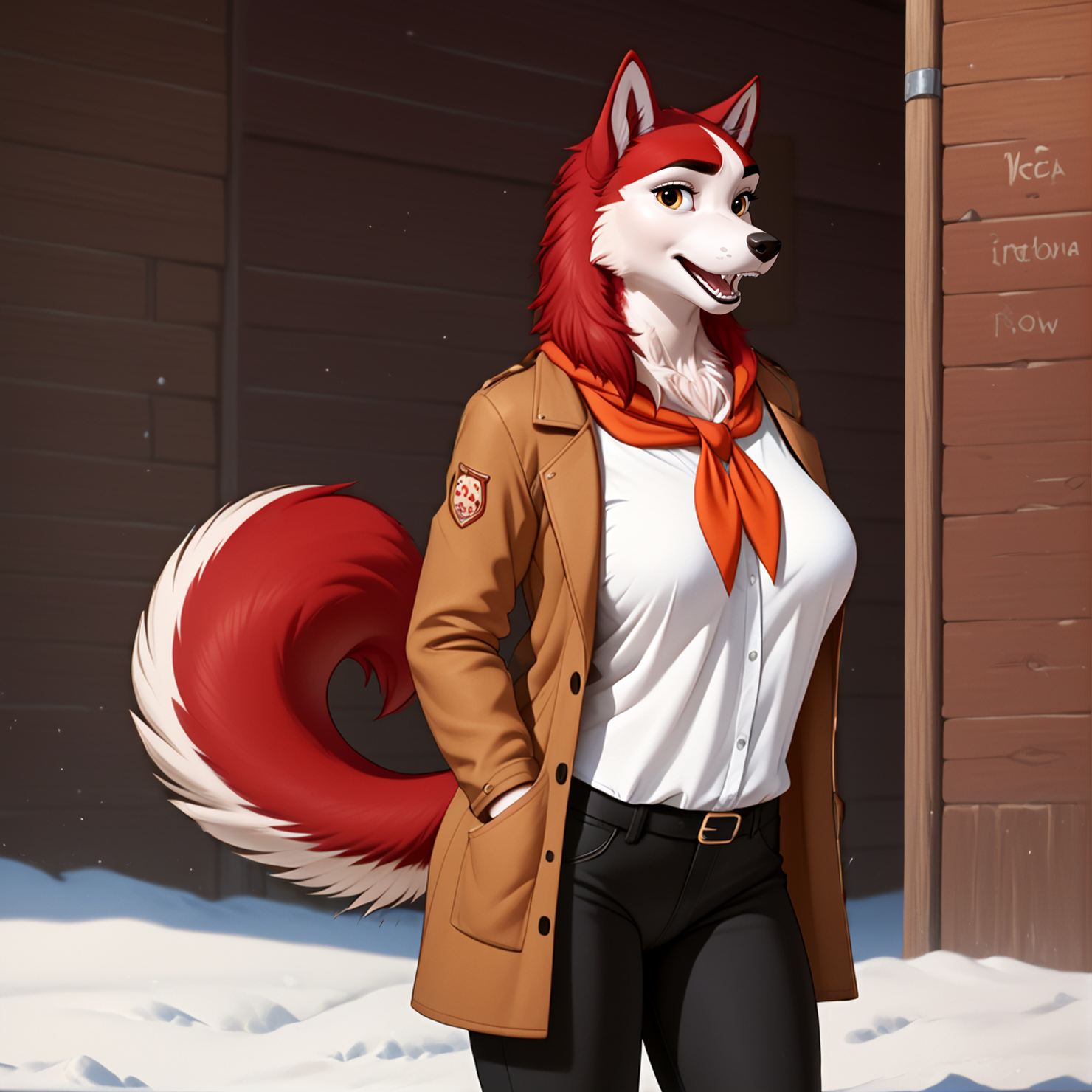 score_9, score_8_up, score_7_up, score_6_up, score_5_up, score_4_up, <lora:Jennabalto:0.8>, 1girl, jenna\(balto\), solo, open mouth, amber eyes, neckerchief, two tone fur, red fur, curled husky tail, looking at viewer, breasts, wearing, coat, pants, detailed outside town, furry female, anthro, standing, :hands, <lora:Meesh_Style_PonyXL:0.3> by meesh, <lora:Cervina7_Cervina_Artist_Style_PonyXL:0.3>, (ultra detailed, realistic art, detailed face, detailed canine teeth, detailed fur, detailed ears, detailed eyes,  detailed cloths, detailed background), <lora:Visual_Novel_Background_-_PonyXL_V6:0.5>,