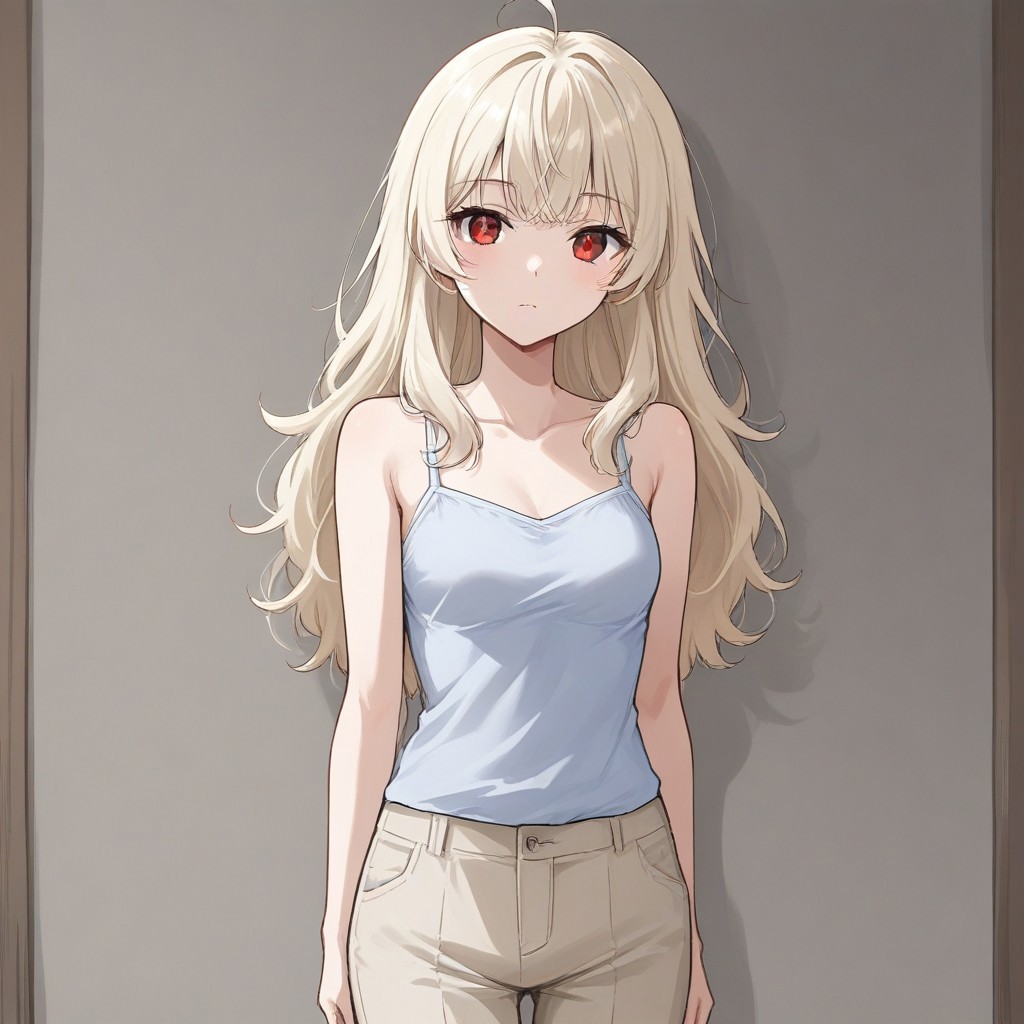 1girl, 3v4ngl13, pale blonde hair, red eyes, camisole, trousers,