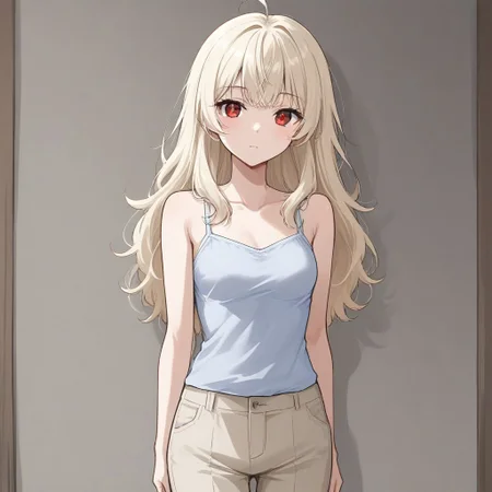 1girl, 3v4ngl13, pale blonde hair, red eyes, camisole, trousers,