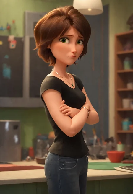 <lora:AuntCassBH6Pony1.0:1>auntcass, 1girl, brown hair, short hair, solo, black shirt, necklace, green eyes, jeans, bracelet, looking at viewer, score_9, score_8_up, score_7_up, score_6_up, score_5_up, score_4_up, looking at viewer, crossed arms, cowboy shot,indoors,