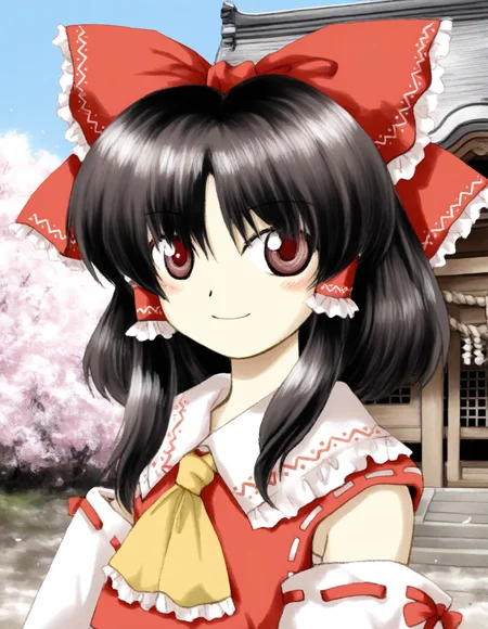 masterpiece, best quality, very aesthetic, absurdres, EoSD, solo, 1girl, hakurei reimu, hakurei shrine, upper body, looking at viewer, smile, outdoors, blue sky, cherry blossoms, vignetting, <lora:EoSD:1>