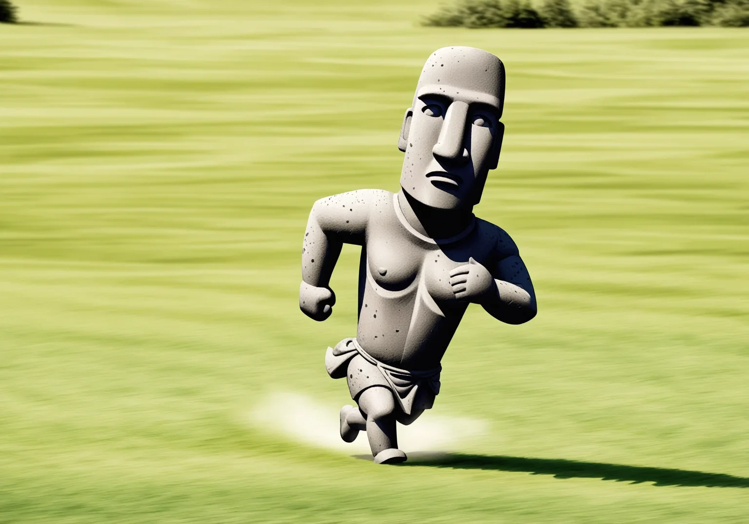 (Moai:1.3) with legs, running, outdoors, (no humans:1.5)