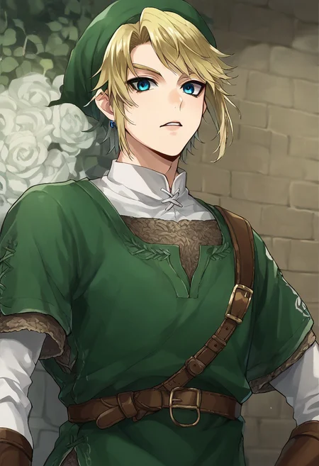anime artwork, score_7, score_6_up, score_5_up, 1boy, male focus, solo, masterpiece, best quality, source_anime, detailed eyes, tphrlnk, upper body, green tunic, blue eyes, blonde hair, green hat,
