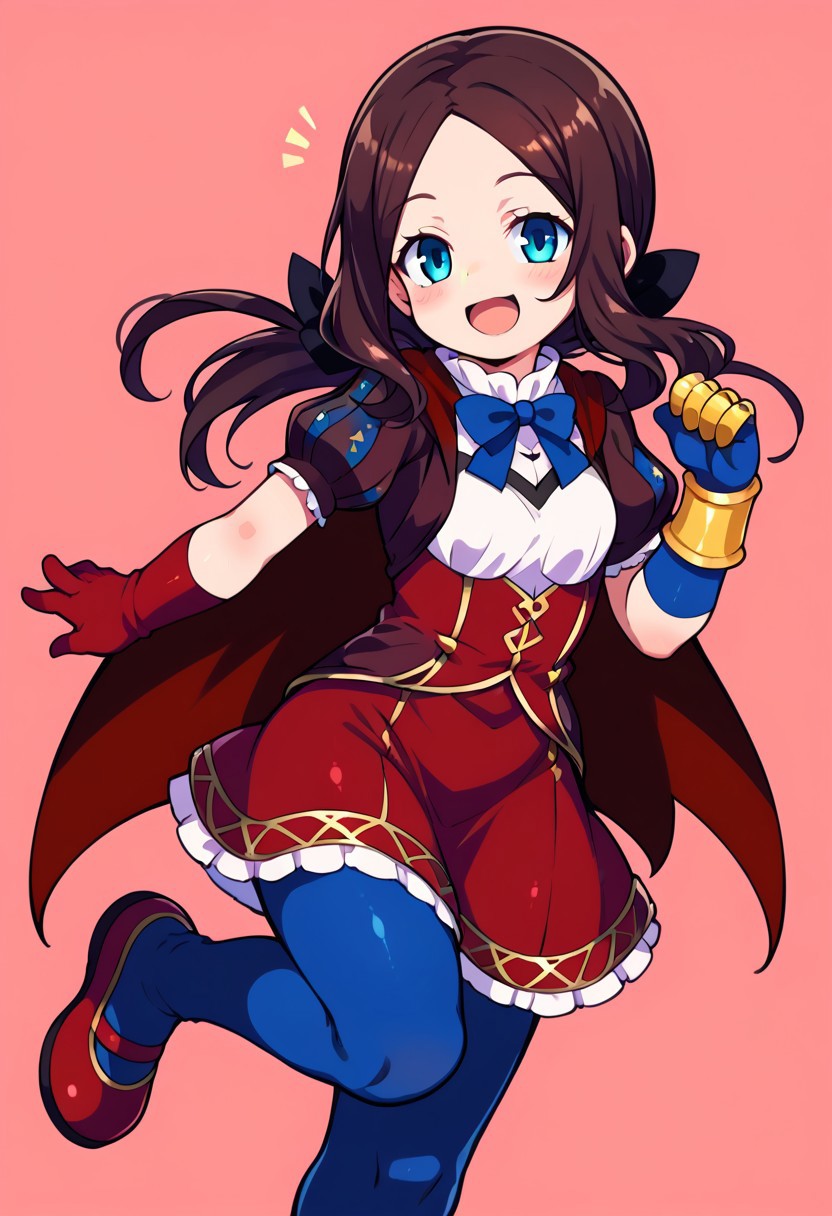 (zPDXL3),
(zPDXLxxx),
1girl, 
fate/grand_order, 
leonardo_da_vinci_(fate), 
leonardo_da_vinci,
blue eyes, long hair, brown hair, forehead, sidelocks,
low ponytail, ribbon, dress, white shirt, puffy sleeves, short sleeves, red skirt, cape, blue pantyhose, elbow gloves, single gauntlet, shoes,
pose,
joy,
