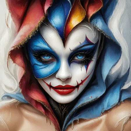 ArsMJStyle, Oil Pastels ,<lora:Oil_Pastels:1>, <lora:add-detail-xl:1.2> A painting of a woman with colorful makeup., 1girl, solo, blue eyes, red lips, looking at viewer, makeup, portrait, mask, lipstick, facepaint, split theme, closed mouth, smile, bare shoulders, hood, traditional media, lips