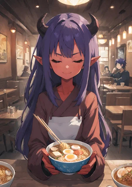 (anime style, cartoon style, vibrant, bright colors, digital art)
demon girl with red skin in front of ramen bowl at a restaurant, holding chopsticks, horns, food, demon tail, long hair, ramen, indoors, pointy ears, demon horns, closed eyes, purple hair, =_=, long sleeves, smile, blush, solo focus, ceiling light, bangs, facing viewer, red skin
<lora:Eldritch_Universe_Style:1.4> <lora:Black_Magic_Steering:0.8> Source_Anime <lora:Anime Summer Days 2 Style SDXL_LoRA_Pony Diffusion V6 XL:0.8>