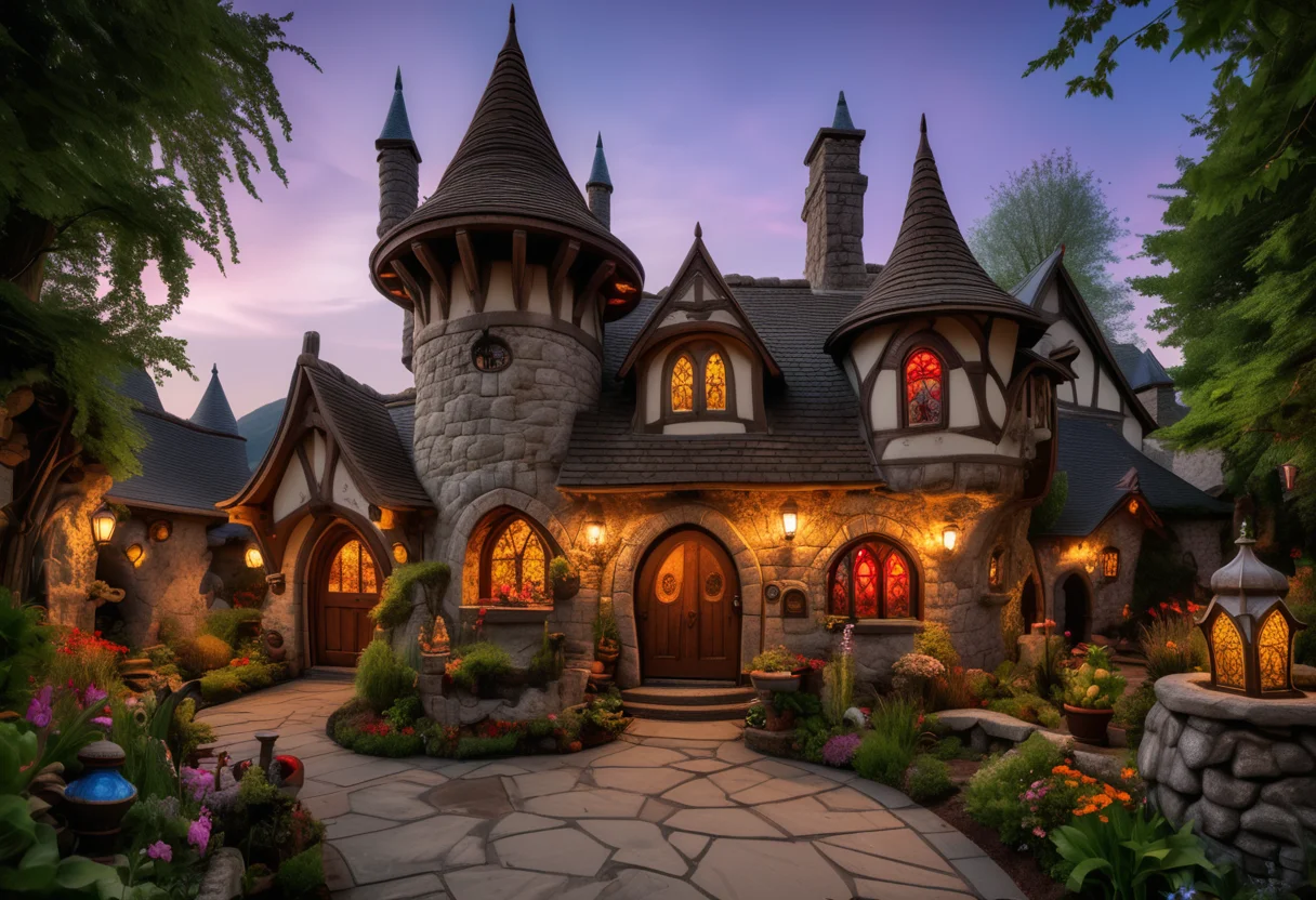 award winning, (professional photo) of (compact fantasy cavern home) with castle-like turrets, turreted roof with spires, Marble walls, stained glass windows with mythical scenes, ancient stone door with mystical symbols, wooden beams flags, wishing well gnome statues, located in a picturesque village, with blooming gardens, tidy homes, and the feel of peace, at twilight, , creative, beautiful, vibrant, masterpiece, 64k, UHD, HDR, full view, atmospheric lighting, extremely detailed
