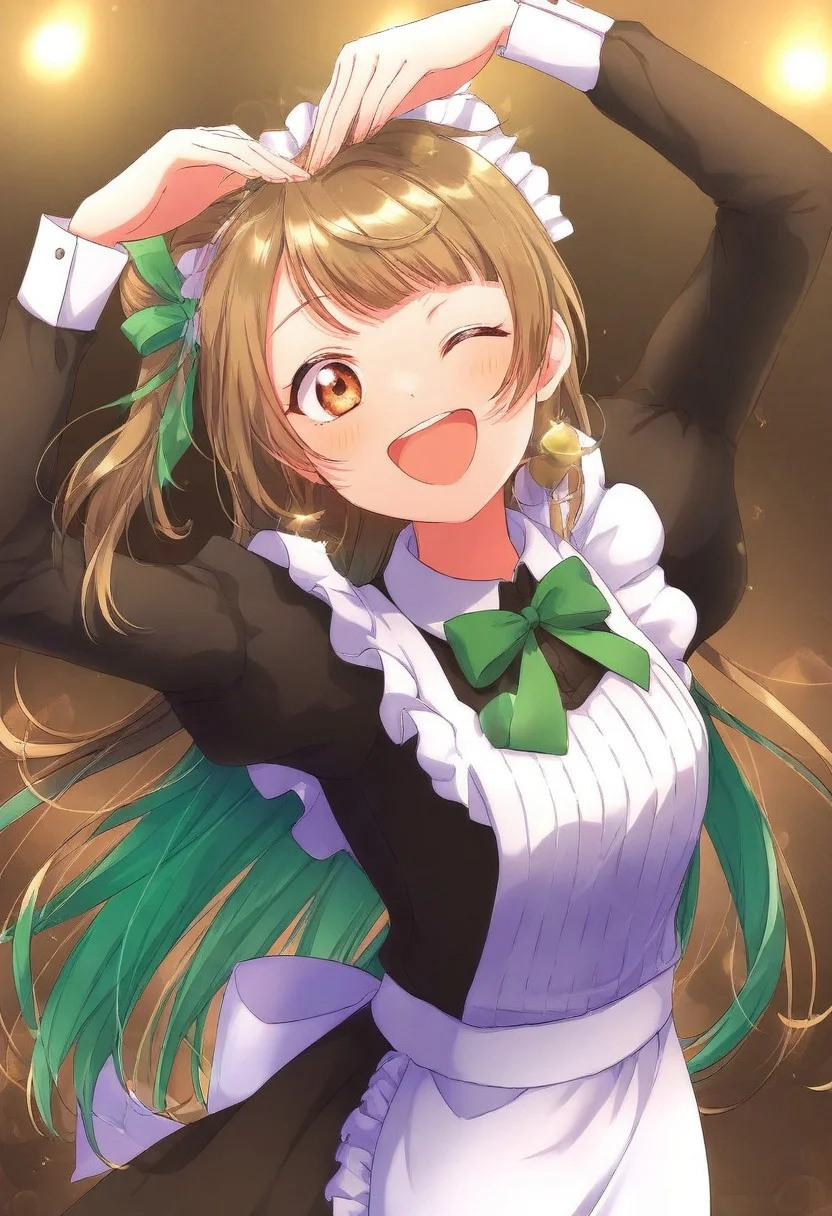 volumetric lighting, ambient occlusion, luminescent background, masterpiece, very awa,dynamic pose,,solo female,heart arms,cute, simple background, hearts
BREAK
lovelive_kotori, grayish brown hair, green hair bow, bangs, one side up, long hair, brown eyes, maid, maid outfit, maid, maid headdress, smile, blush, cute