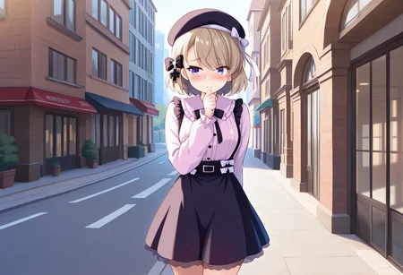 masterpiece, best quality, good quality, newest, very aesthetic, 
Artist:QP_flapper, 2020s, gameCG, 
1 cute girl, Z23, \(azur lane)\, 
jirai kei, 
shy, blush, thinking, 
standing, 
outdoors, city,