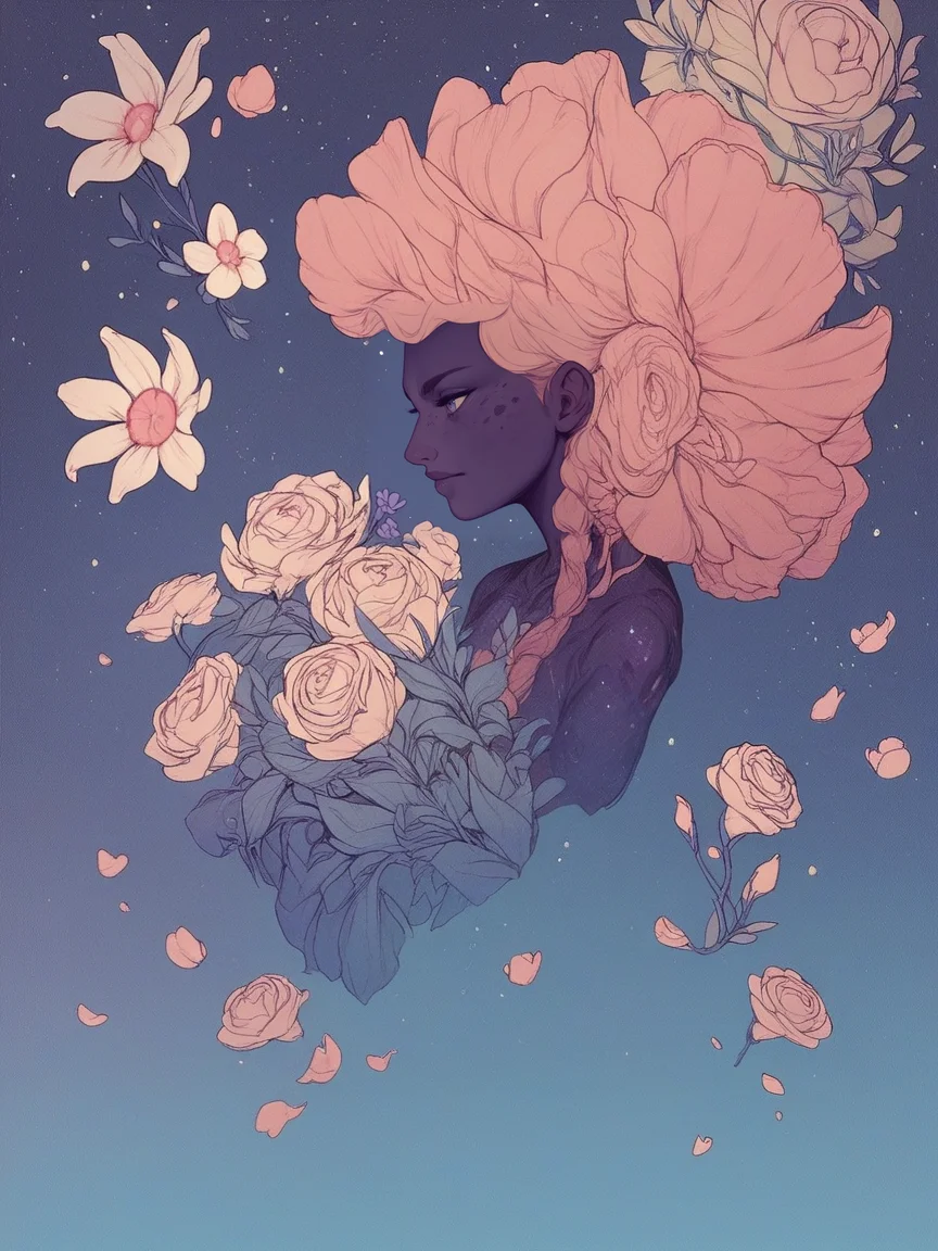 score_9. score_8_up, score_7_up, score_6_up, score_5_up, score_4_up, <lora:m3y3rXLP:0.7> m3y3r, 1girl, flower, space