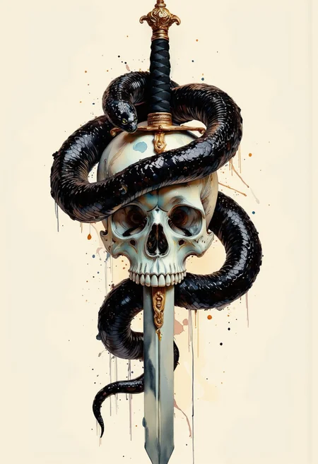 BusyShiny style watercolor painting of a sword stabbed into a skull. A large black snake coils around the sword and slithers towards the viewer.