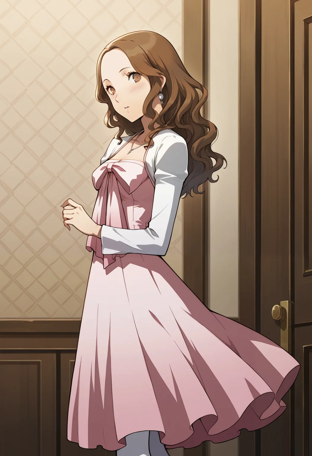 (masterwork, masterpiece, best quality, hyper-detailed :1.1),
1 girl, solo,
p4ebihara, brown hair, long hair, wavy hair, earrings, brown eyes,
p4ebihara-cas, dress, pink dress, necklace, earrings, shrug \(clothing\), shrug sweater, white pantyhose,
from side, looking, standing, looking at viewer, surprised, embarrassed,