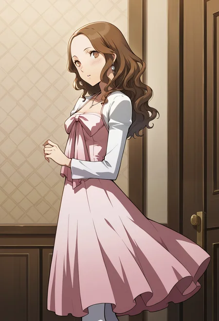 (masterwork, masterpiece, best quality, hyper-detailed :1.1),
1 girl, solo,
p4ebihara, brown hair, long hair, wavy hair, earrings, brown eyes,
p4ebihara-cas, dress, pink dress, necklace, earrings, shrug \(clothing\), shrug sweater, white pantyhose,
from side, looking, standing, looking at viewer, surprised, embarrassed,