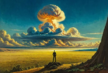 a man standing, looking at a distant mushroom cloud on the horizon, pulp cover art