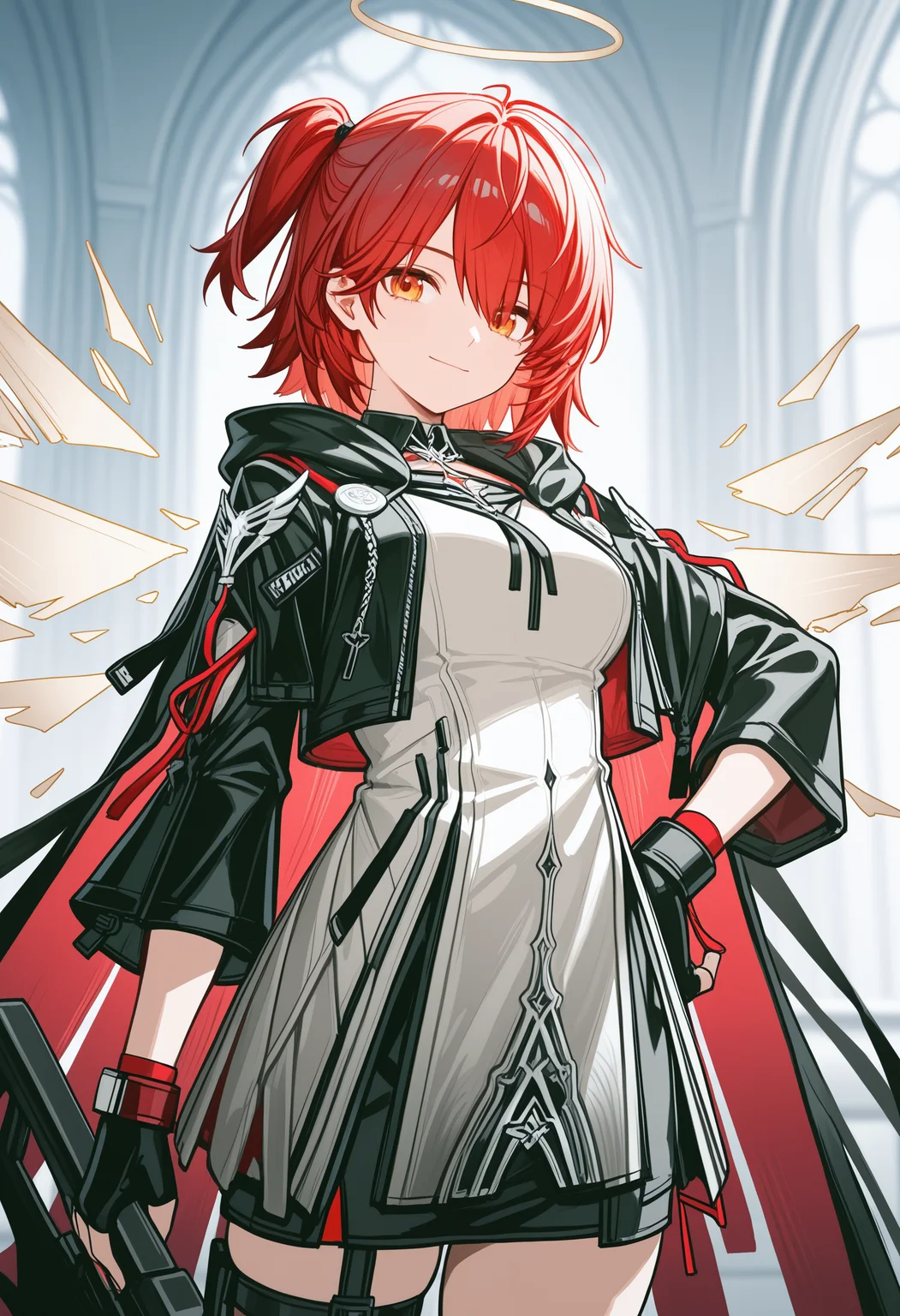 Exusiai the New Covenant,open jacket,one side up,right single ponytail,cloak,exusiai \(arknights\), 1girl, solo, looking at viewer, smile, short hair, gloves, dress, closed mouth, jacket, yellow eyes, weapon, cowboy shot, red hair, wings, black gloves, official alternate costume, fingerless gloves, halo, black jacket, orange eyes, hand on own hip, one side up, detached wings, energy wings,masterpiece,best quality,newest,absurdres,highres,very awa, <lora:None:1.0> <lora:Exusiai_the_New_Covenant_r1-000012:0.8500000000000002>