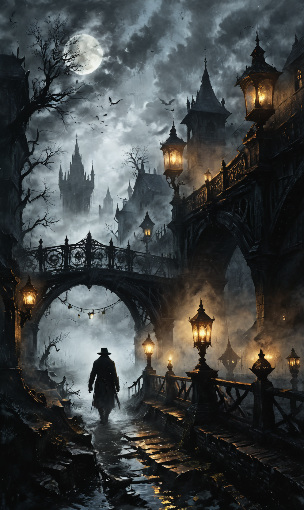 a Clockwork djinn with ornate, mystical lamps at a Gaslit bridge spanning over tranquil river, city of yharnam, bloodborne, ultra-fine digital painting, <lora:xl_more_art-full_v1:0.3>,   <lora:Desolation:0.7>, <lora:cine:0.7> cin3 <lora:victoriansxl_v1:0.4> victorianstyle