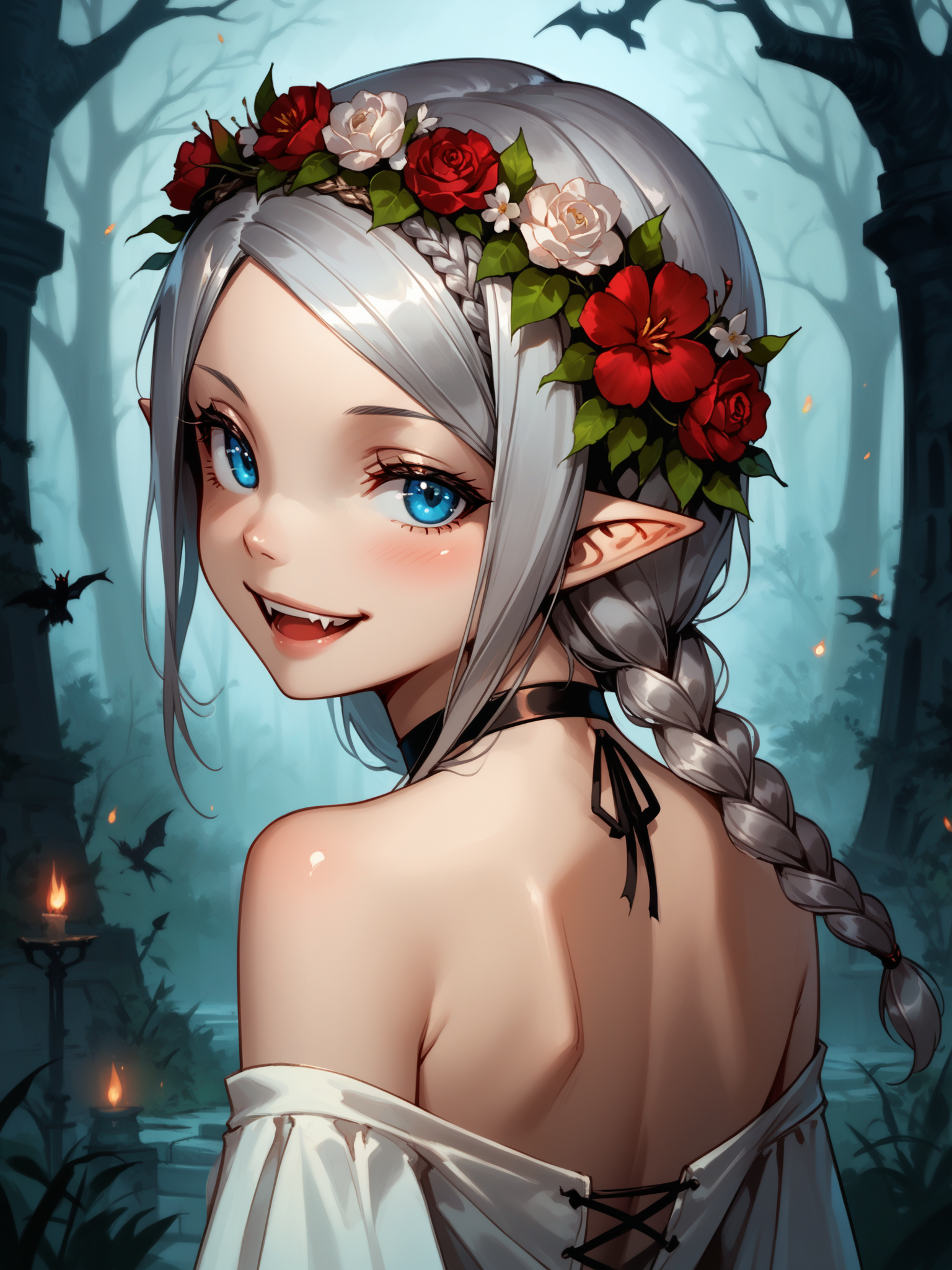 (cowboy shot, solo focus:1.2) <lora:happy_tentacle-leia-v0.1-000033:1>, ht_leia, silver hair, blue eyes, pendant choker, vampire, (petite:1.2), <lora:Shed_The_Skin's StS_age_slider_v1_initial_release:-1.3> ( :1.1) blood ( , , ( :1.2) , smile , looking back :1.2) , outdoors, vegetation, ( :1.1), , (night, night sky :0.6), , (:0.5), , (european architecture :0.9), (forest:1.2), building, elf, pointy ears, braid, head wreath, flower ornament ( :0.8) score_9, score_8_up, score_7_up, score_6_up, score_5_up, score_4_up, ( [(realistic, photorealistic:1.3):(realistic:1.2):16] [(3d:1.2)::14] :1) <lora:LUUNA's Lunas-NijiJourney-SDXL-B2:0.35>, nijijourney <lora:prgfrg23's Counterfeit-V3.0 Style SDXL_LoRA_Pony Diffusion V6 XL:0.5> <lora:mfcg's mfcgXL:0.12> <lora:reweik's gyokai(himehajime)_PonyXL_style_v01:0.14>