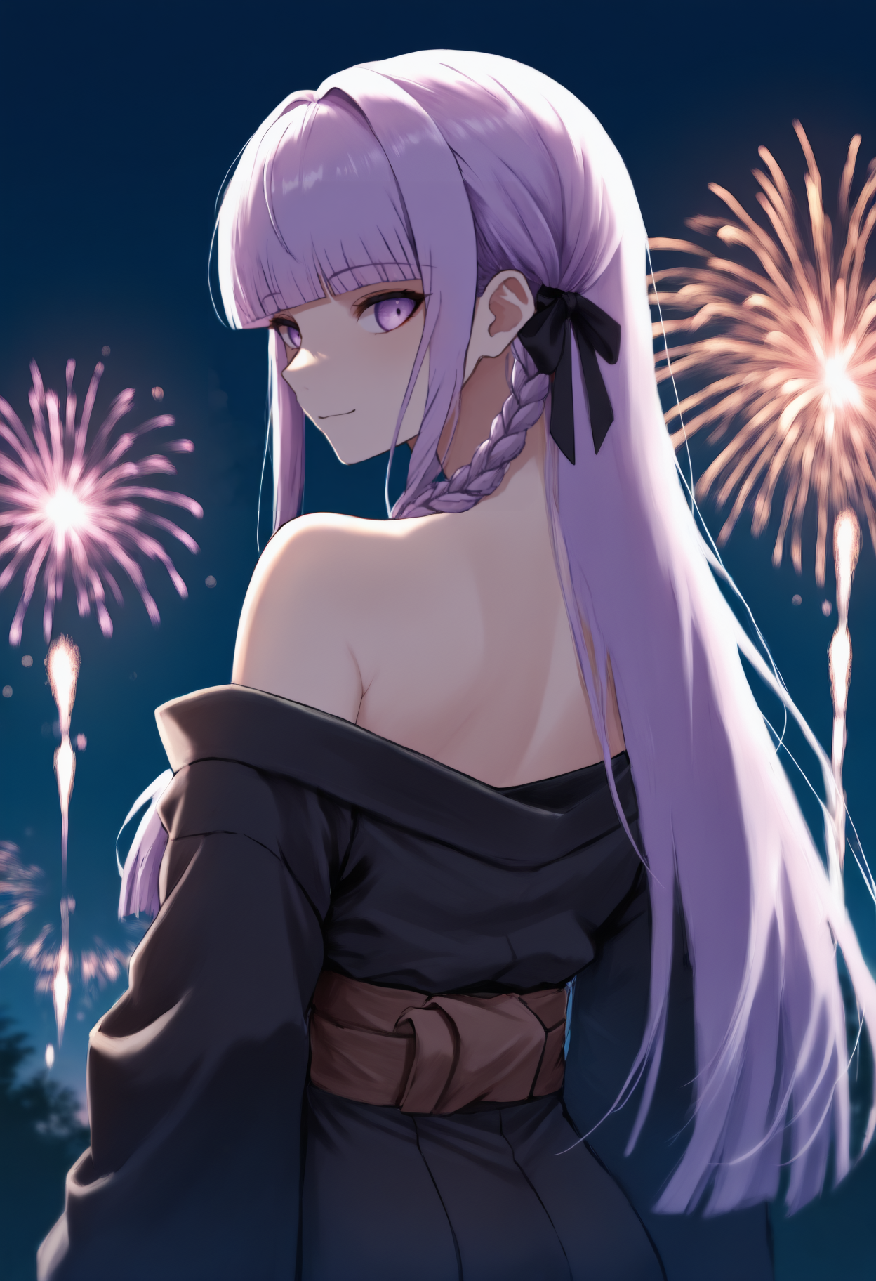 anime, masterpiece, best quality, newest, from behind, solo, 1girl, ky0kodef, slight smile, looking back, long hair, purple hair, blunt bangs, single braid, side braid, hair ribbon, black ribbon, purple eyes, japanese clothes, black kimono, off shoulder, brown sash, bare shoulders, outdoors, night, fireworks
<segment:yolo-face_yolov8m.pt,0.4,0.5//cid=1>