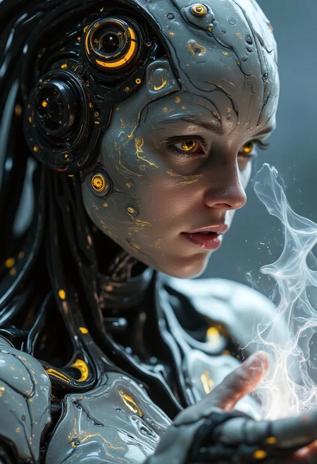 imagine extreme close-up, cybernetic mythpunk woman, with liquid marble white skin with gray veins, detailed yellowish-orange mechanical eyes, subtle neon implants. Partially concealed expression, hinting at ancient secrets. Single abstract light source, rim lighting through mist, soft ethereal glow. Wearing a carbon fiber mechanical exosuit with intricate glowing runes. Casting a spell, opening a portal within an alien cave – a futuristic mad scientist's lab. Profound mystery, quiet intensity.