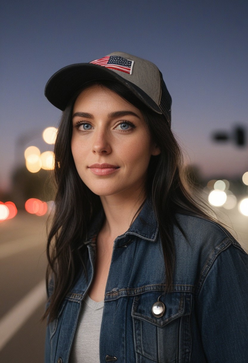 30yo woman holding an American flag.
Blue eyes. perfecteyes 
Wearing Denim jacket trucker hat. 
Long dark black slick back hair. No makeup. Dusk, Street light. Looking at camera POV. Slight smile, tilting head.. Tilt head.
Medium Close Up shot. Bokeh. Bokeh light. semi Blurred background.