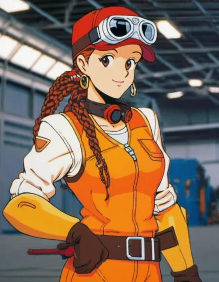 a 20 y.o woman, neneh,goggles,red cap,braids,goggles on head,orange vest,white shirt,long sleeves,orange pants,boots,gloves,looking at viewer,full body,happy, in futuristic hangar,standing,front view  <lora:NenehXL1:0.7>