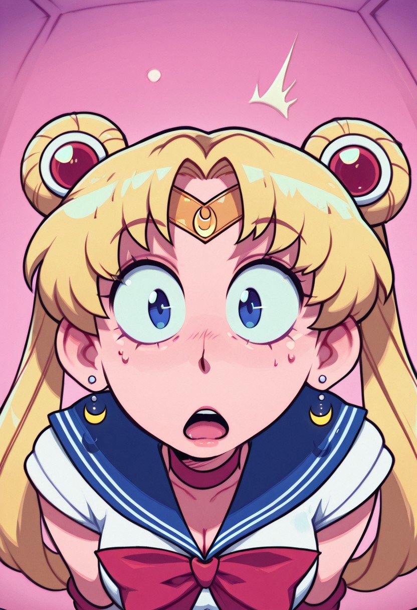 spd0ru, masterpiece, amazing quality, best quality, detailed eyes, detailed skin, aesthetic,Fisheye View, 
sailor moon, blonde hair, blue eyes, open mouth, surprised, pink background